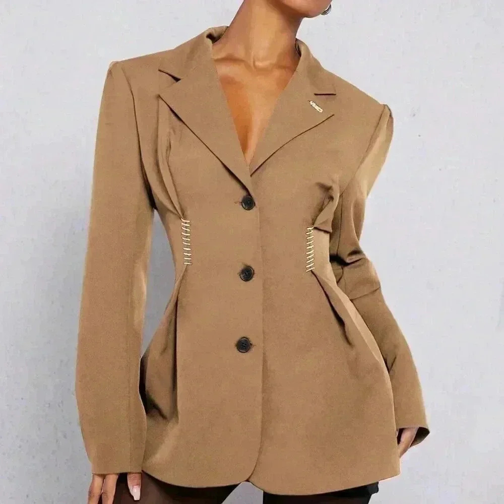 Camel Elegant Women's Pleated Flare Hem Button Up Blazer - Picture 2 of 5